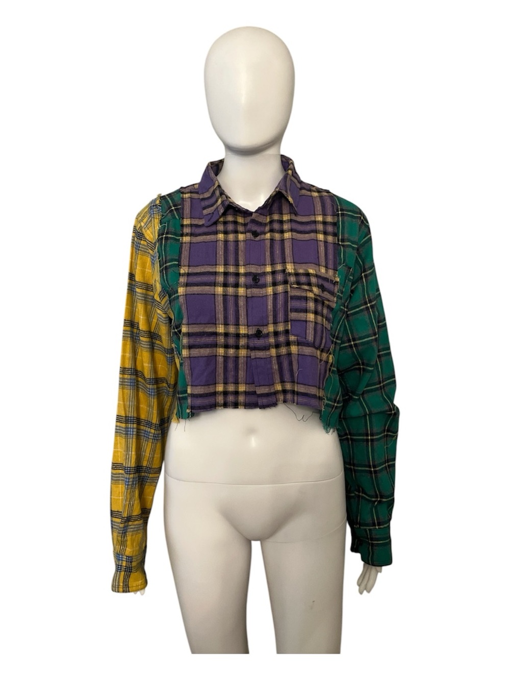 Mixed Plaid Cropped Button-Up Top in Purple, Green & Yellow
